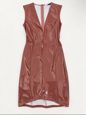 V-Neck Sleeveless Patent Midi Dress in Dusty Rose